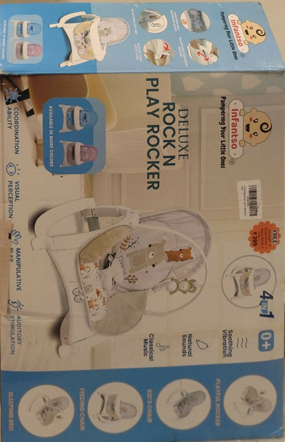 INFANTSO baby rocker and bouncer in beige for 0–2 years with cushioned seat, gentle rocking motion, secure harness, and comfortable design for baby relaxation and play.