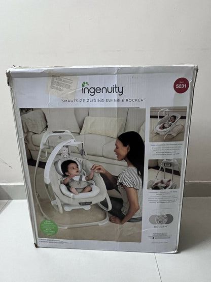 INGENUITY gliding swing and rocker with gentle gliding motion, cushioned seat, safety harness, and soothing design for relaxing, comforting, and entertaining babies.