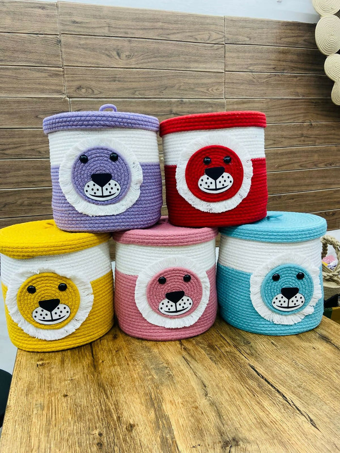 Five colorful woven bear-shaped baskets
