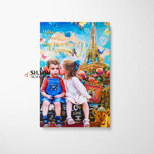 Kids Love In Paris Canvas Wall Art