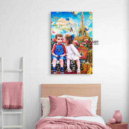 Kids Love In Paris Canvas Wall Art