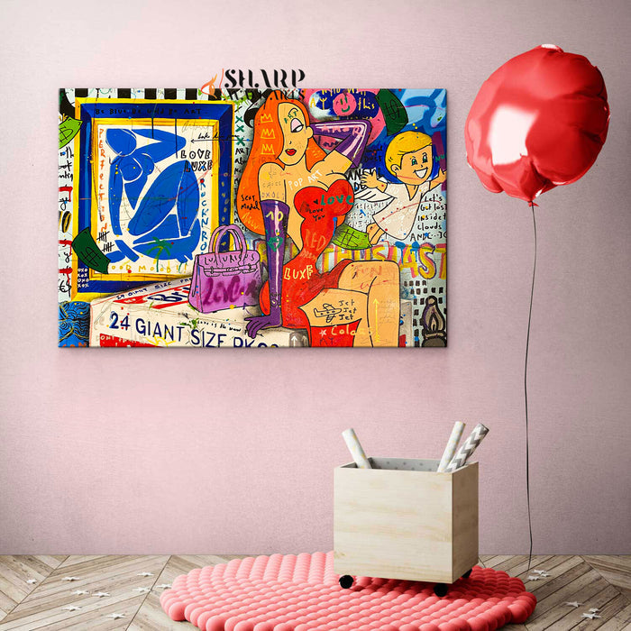 Lady In Red Cartoon Style Canvas Wall Art