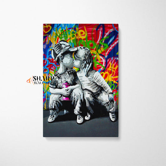 Little Boy And Girl Kissing Canvas Wall Art
