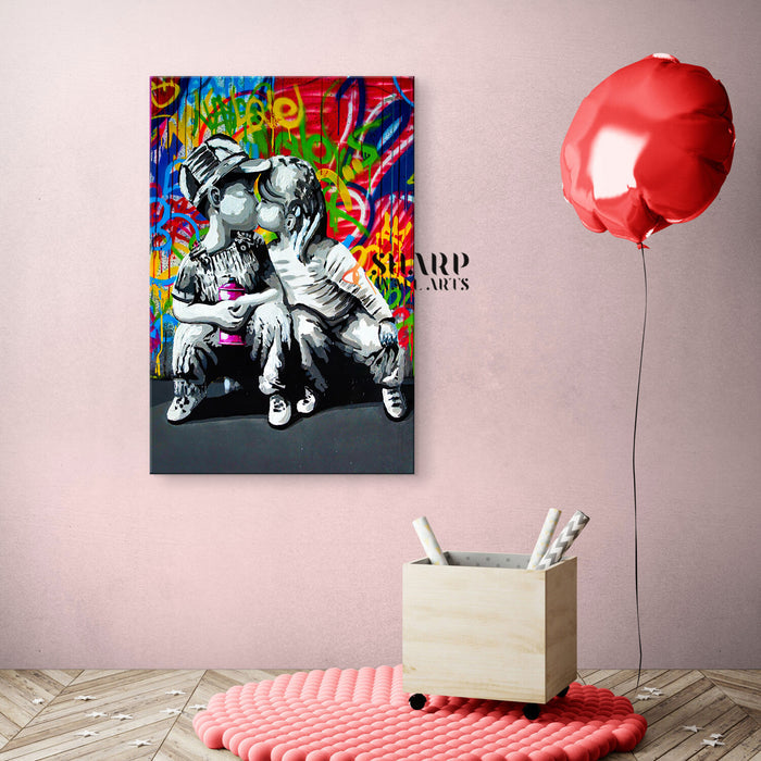 Little Boy And Girl Kissing Canvas Wall Art