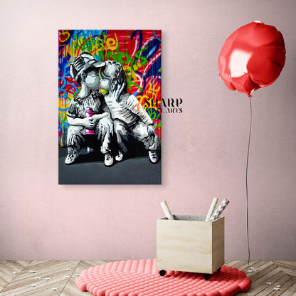 Little Boy And Girl Kissing Canvas Wall Art