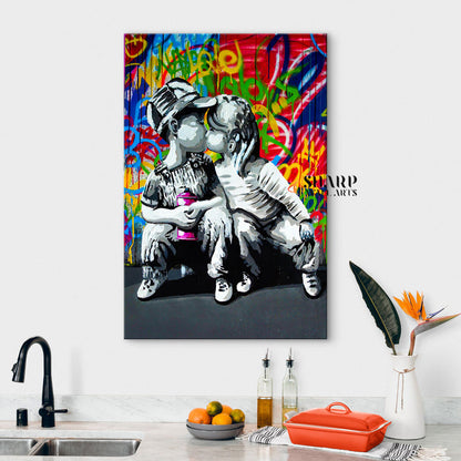 Little Boy And Girl Kissing Canvas Wall Art