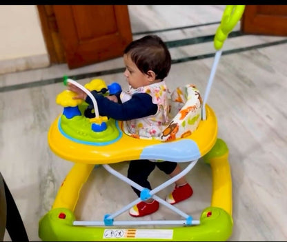 Child in a colorful walker on a tiled floor