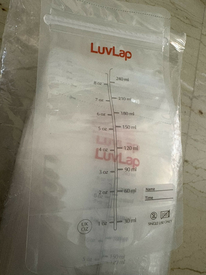 LuvLap Breastmilk Storage Bags with seal lock, 42-piece pack, featuring leak-proof double zipper closure, pre-sterilized BPA-free material, and secure storage for expressed breast milk.