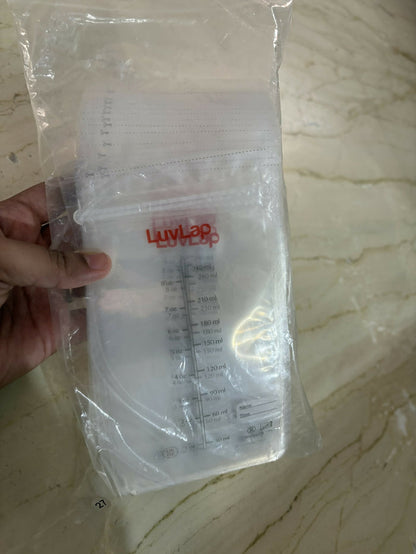 LuvLap Breastmilk Storage Bags with seal lock, 42-piece pack, featuring leak-proof double zipper closure, pre-sterilized BPA-free material, and secure storage for expressed breast milk.