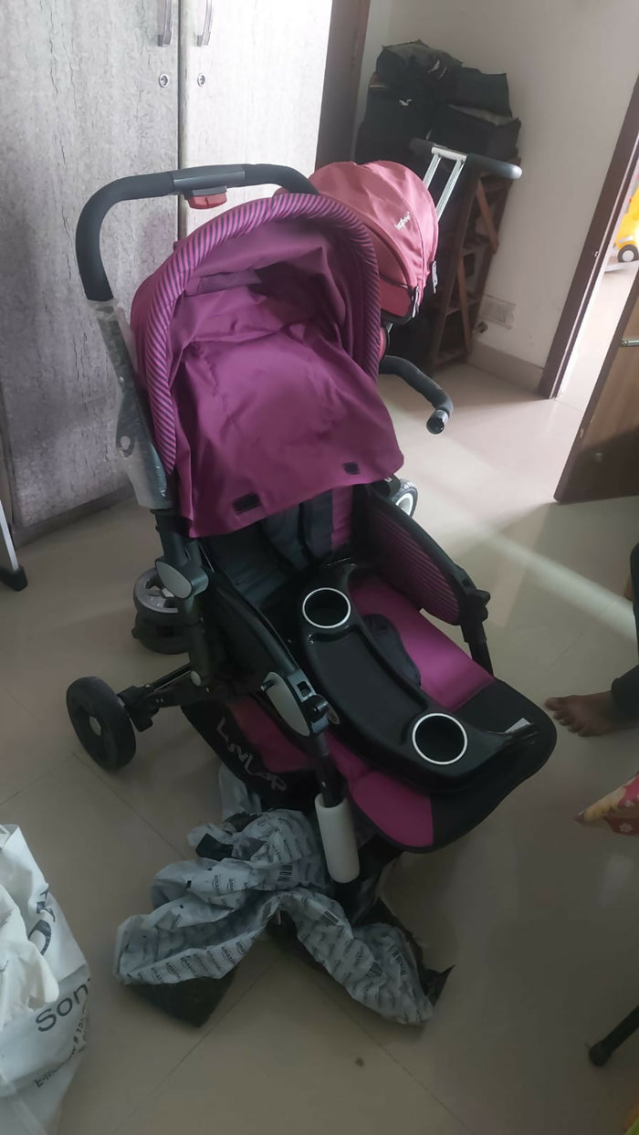 LUVLAP Galaxy Baby Stroller/Pram in Preloved New condition, available in Chennai, featuring a comfortable reclining seat, protective canopy, safety harness, smooth wheels, foldable frame, and convenient storage for baby travel.