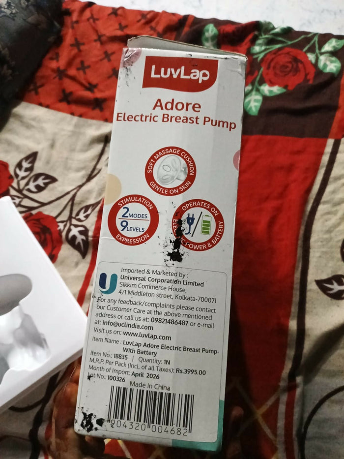LUVLAP Single Electric Breast Pump with adjustable suction levels, soft silicone massage cushion, quiet operation, rechargeable design, BPA-free components, and ergonomic controls for comfortable and efficient milk expression.