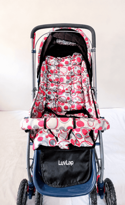 LuvLap reversible handle baby stroller with foldable travel pram design, reclining seat, adjustable canopy, 5-point safety harness, smooth wheels, and storage basket for comfortable travel with babies and toddlers.