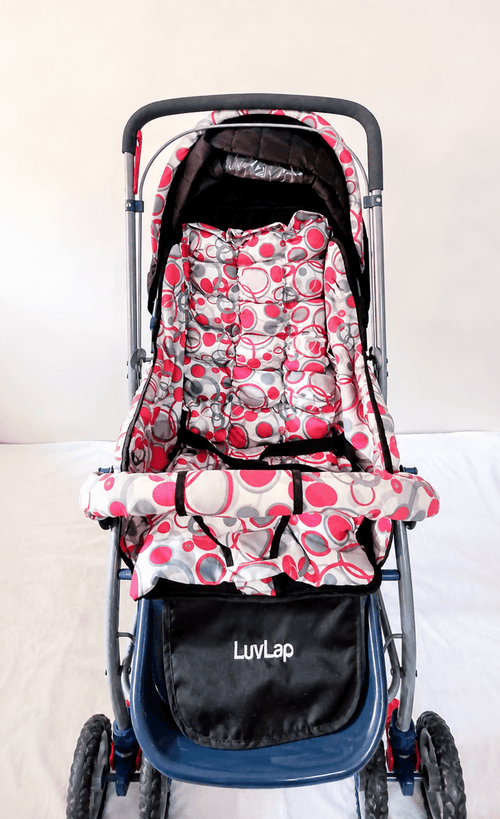 LuvLap reversible handle baby stroller with foldable travel pram design, reclining seat, adjustable canopy, 5-point safety harness, smooth wheels, and storage basket for comfortable travel with babies and toddlers.