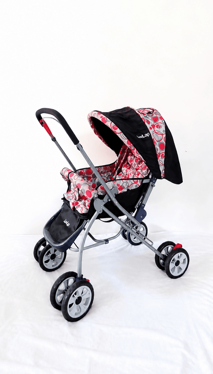 LuvLap reversible handle baby stroller with foldable travel pram design, reclining seat, adjustable canopy, 5-point safety harness, smooth wheels, and storage basket for comfortable travel with babies and toddlers.