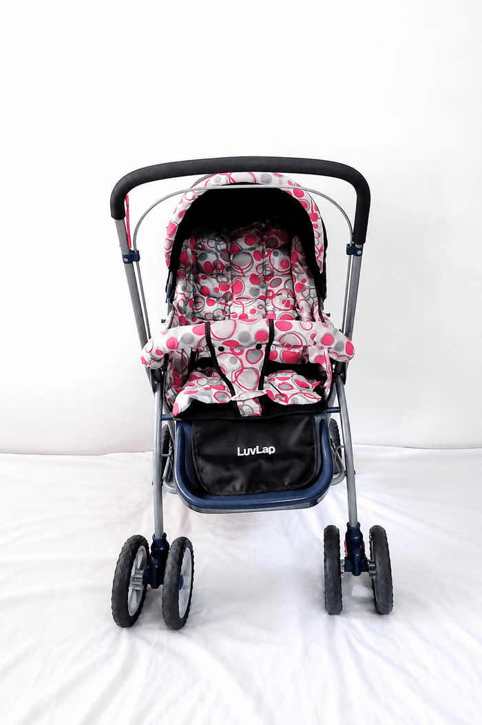 LuvLap reversible handle baby stroller with foldable travel pram design, reclining seat, adjustable canopy, 5-point safety harness, smooth wheels, and storage basket for comfortable travel with babies and toddlers.