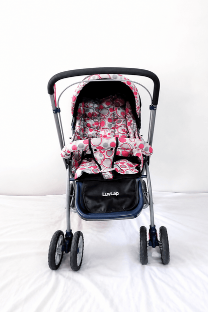 LuvLap reversible handle baby stroller with foldable travel pram design, reclining seat, adjustable canopy, 5-point safety harness, smooth wheels, and storage basket for comfortable travel with babies and toddlers.
