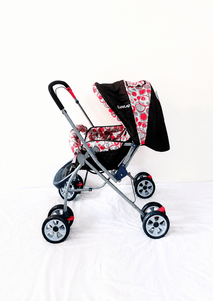 LuvLap reversible handle baby stroller with foldable travel pram design, reclining seat, adjustable canopy, 5-point safety harness, smooth wheels, and storage basket for comfortable travel with babies and toddlers.