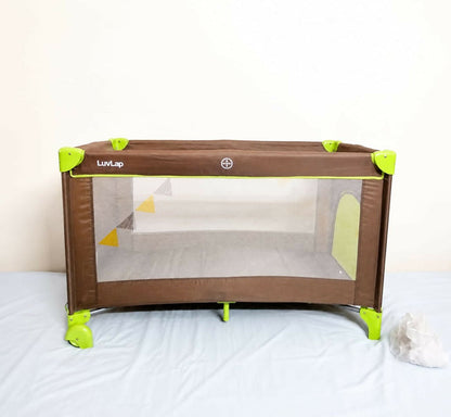 LUVLAP Sunshine Baby Playpen Travel Cot Foldable with Mosquito Net featuring a foldable design, breathable mesh sides, secure frame, zip entry, comfortable sleeping space, and protective mosquito net for babies.