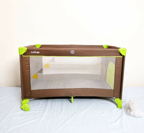 LUVLAP Sunshine Baby Playpen Travel Cot Foldable with Mosquito Net featuring a foldable design, breathable mesh sides, secure frame, zip entry, comfortable sleeping space, and protective mosquito net for babies.