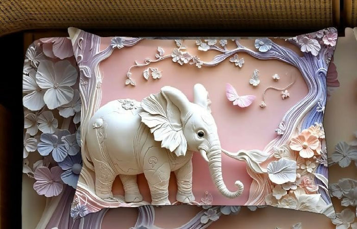 Decorative pillow with an elephant and floral design