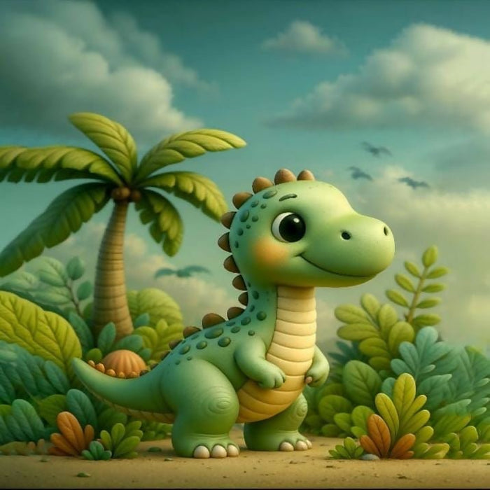 Cartoon dinosaur standing in a lush, colorful jungle with palm trees and birds.