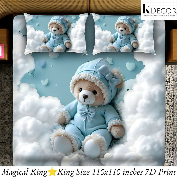 Bedding set with teddy bear design on a cloud, featuring K-Decor branding.