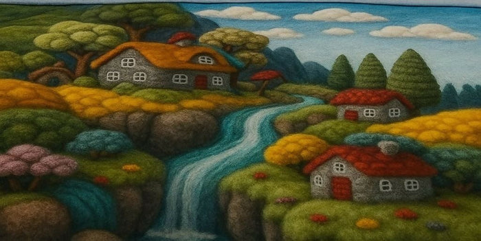 Felted landscape with houses, trees, and a stream on a green background