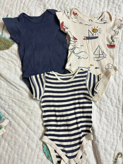 MARKS & SPENCER 3-pack cotton bodysuits – navy, stripes & nautical print, 3–6 months (fits up to 8 months).