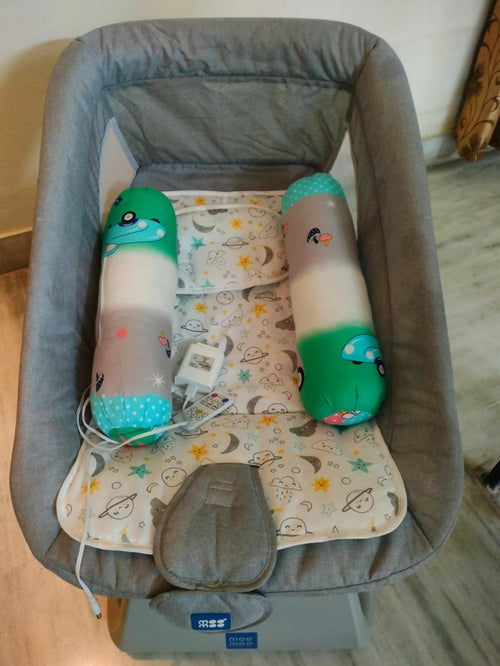 Mee Mee Electric Swing Rocker Chair in Grey, Almost New condition, available in Hyderabad, featuring gentle swinging and rocking motion, comfortable padded seating, safety harness, and supportive design for supervised baby relaxation and playtime.