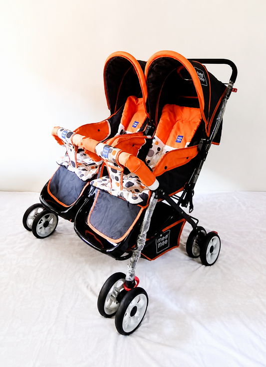 Mee Mee Twin Baby Stroller Double Pram B124 in Almost New condition, available in Chennai, Tamil Nadu, featuring side-by-side reclining seats for comfortable everyday outings with twins or siblings.