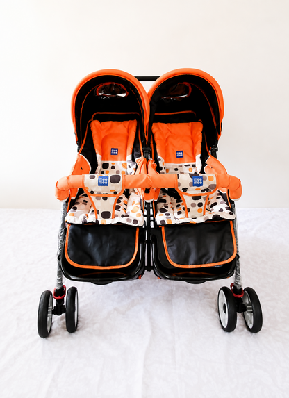Mee Mee Twin Baby Stroller Double Pram B124 in Almost New condition, available in Chennai, Tamil Nadu, featuring side-by-side reclining seats for comfortable everyday outings with twins or siblings.