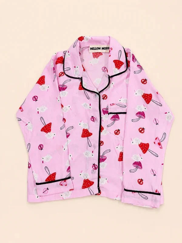 MELLOW Pink Mushroom night suit with soft comfortable fabric, cute mushroom-themed print, relaxed fit, and cozy design for bedtime, sleep, and everyday lounging.