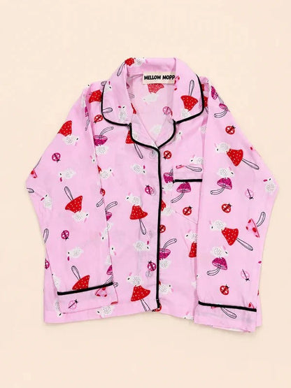 MELLOW Pink Mushroom night suit with soft comfortable fabric, cute mushroom-themed print, relaxed fit, and cozy design for bedtime, sleep, and everyday lounging.