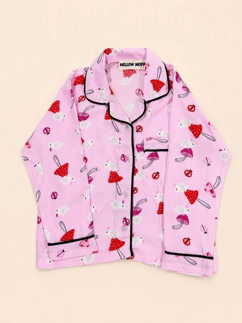 MELLOW Pink Mushroom night suit with soft comfortable fabric, cute mushroom-themed print, relaxed fit, and cozy design for bedtime, sleep, and everyday lounging.
