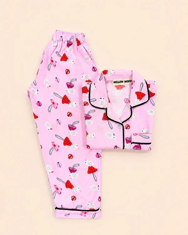 MELLOW Pink Mushroom night suit with soft comfortable fabric, cute mushroom-themed print, relaxed fit, and cozy design for bedtime, sleep, and everyday lounging.