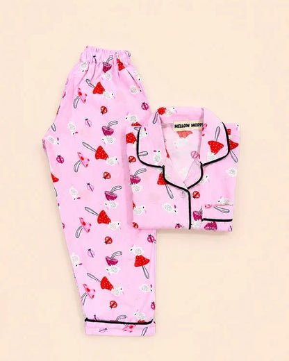 MELLOW Pink Mushroom night suit with soft comfortable fabric, cute mushroom-themed print, relaxed fit, and cozy design for bedtime, sleep, and everyday lounging.