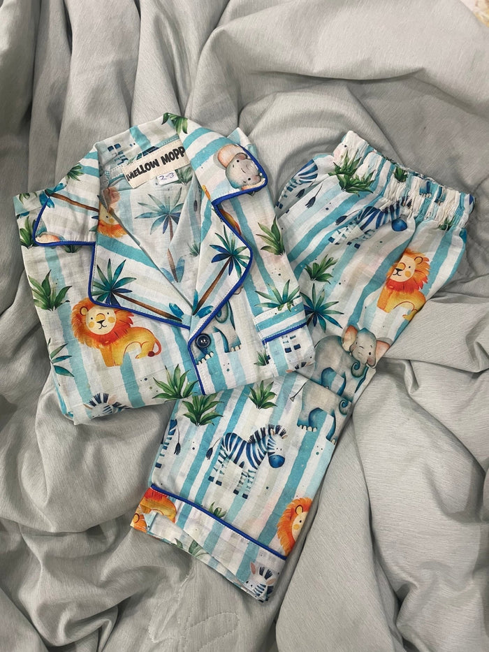 MELLOW Striped Safari full sleeves nightsuit with soft comfortable fabric, playful safari-themed design, full-sleeve coverage, and a cozy fit for bedtime and lounging.