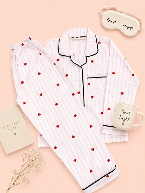 MELLOW Sweetheart Stripes night suit with soft comfortable fabric, striped pattern design, relaxed fit, and cozy comfort for bedtime, sleep, and everyday lounging.