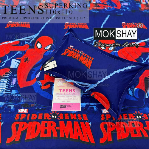 Spider-Man themed bedsheet set with visible branding on a blue background