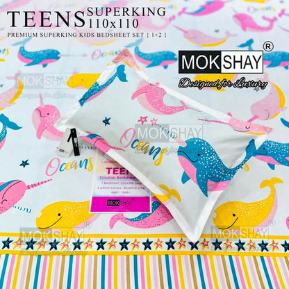 Mokshay Teens Superking kids bedsheets with whale pattern on a white background