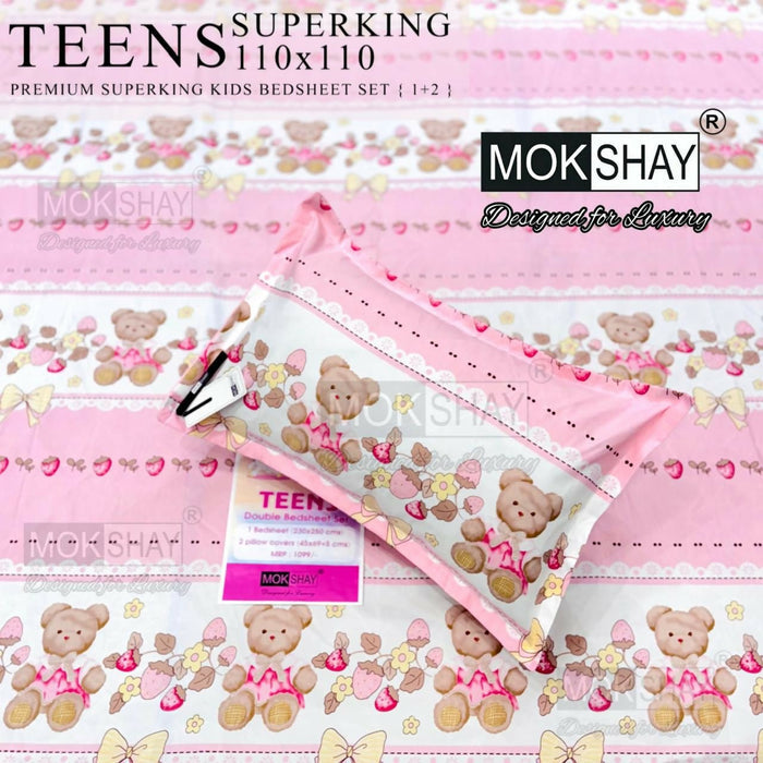 Mokshay Teens Superking kids bedsheet set with teddy bear design on a pink background