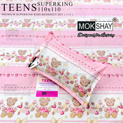 Mokshay Teens Superking kids bedsheet set with teddy bear design on a pink background