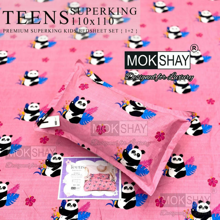 Pink kids bedsheet set with panda design on a pink background, featuring Mokshay branding.