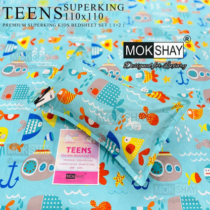 Colorful kids bedsheet set with fish and submarine pattern on a blue background, featuring Mokshay branding.