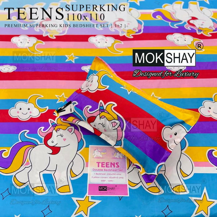 Mokshay kids bedsheet set with unicorn design on a colorful striped background