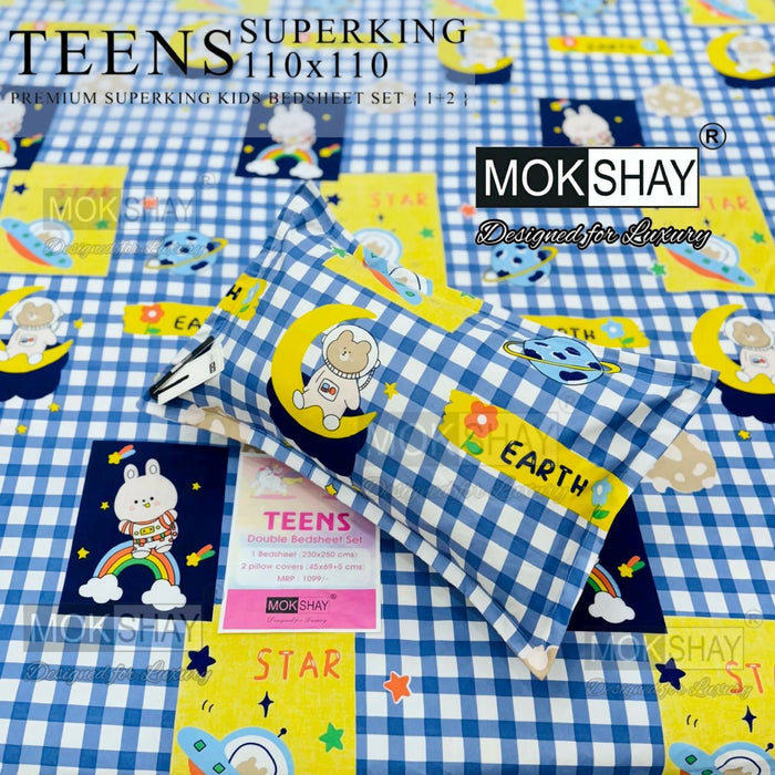 MOKSHAY TEENS Superking kids bedsheet set with cartoon designs on a checkered pattern