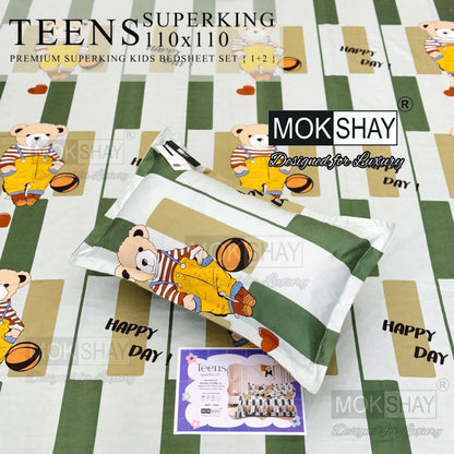 Mokshay Teens Superking kids bedsheet set with teddy bear design on a checkered background