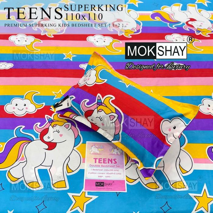 Mokshay kids bedsheet set with unicorn design on a colorful background