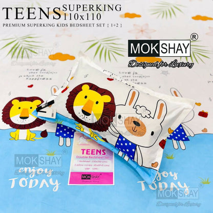 Mokshay Teens kids bedsheets with cartoon designs on a colorful background