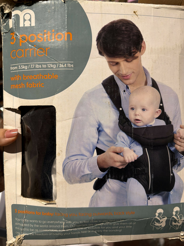Mothercare 3-Position Baby Carrier suitable for babies weighing 3.5–12 kg, featuring three carrying positions, adjustable shoulder straps, supportive seating, and a secure design for comfortable everyday babywearing.